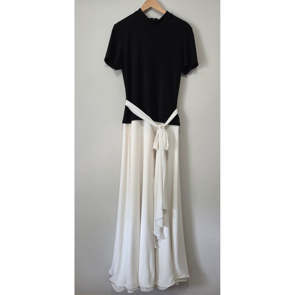 JS Collections Black White Colorblock Mock Neck Maxi Gown Dress Sash 16 852661